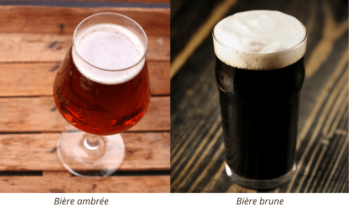 Une bière ambrée et une bière brune